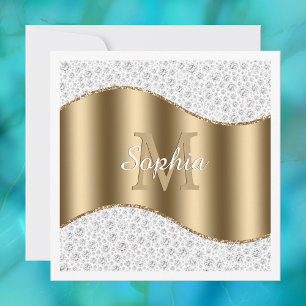 Glam Diamonds, Gold Monogram, Script Name Invitation