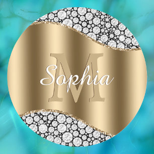 Glam Diamonds, Large Gold Monogram, White Name Classic Round Sticker
