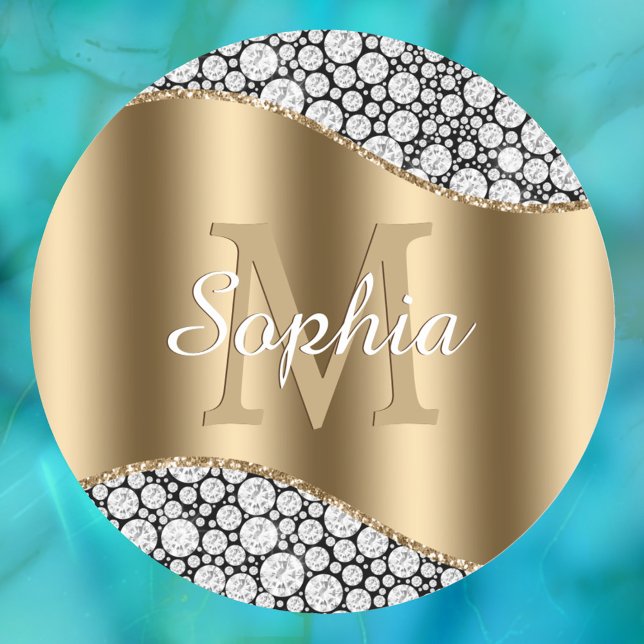 Glam Diamonds, Large Gold Monogram, White Name  Classic Round Sticker (Creator Uploaded)
