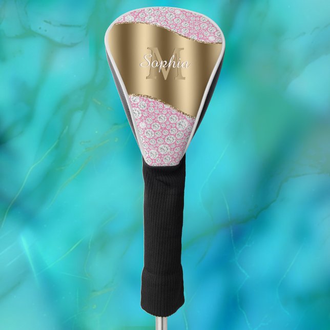 Glam Diamonds on Pink, Gold Monogram, Script Name Golf Head Cover (Creator Uploaded)