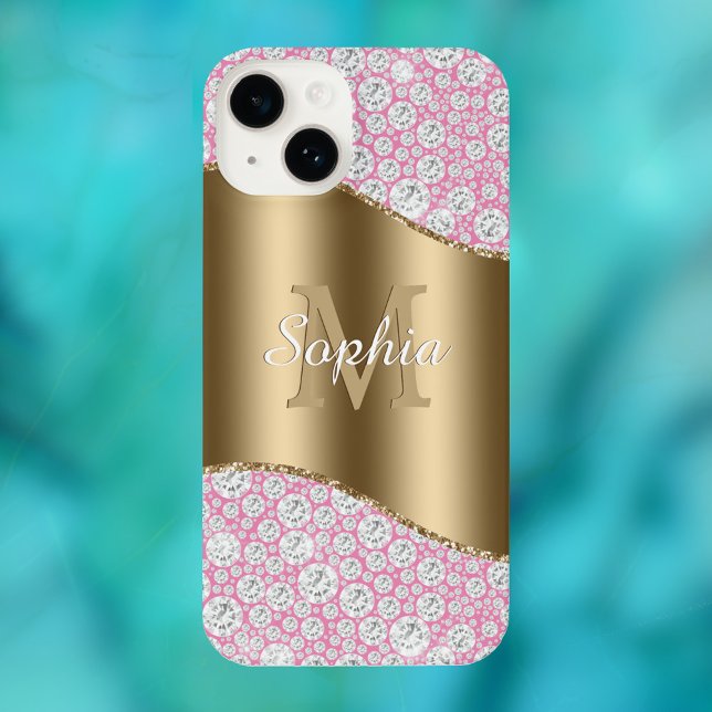 Glam Diamonds on Pink, Gold Monogram, Script Name iPhone Case (Creator Uploaded)