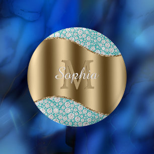 Glam Diamonds on Teal, Gold Monogram, Script Name 3 Cm Round Badge