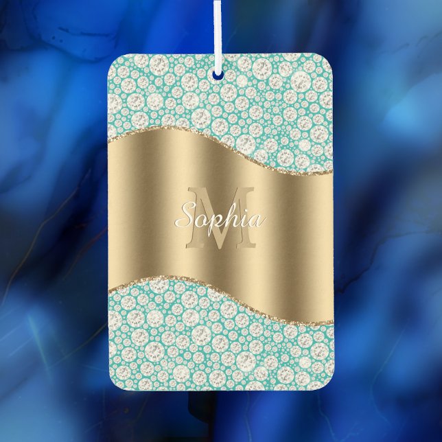 Glam Diamonds on Teal, Gold Monogram, Script Name Car Air Freshener (Creator Uploaded)