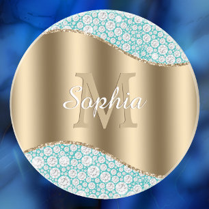 Glam Diamonds on Teal, Gold Monogram, Script Name Coaster