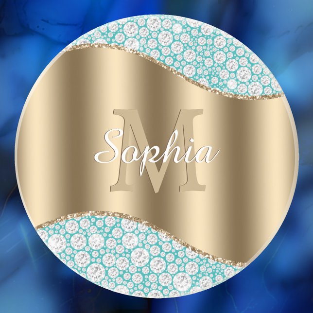 Glam Diamonds on Teal, Gold Monogram, Script Name Coaster (Creator Uploaded)