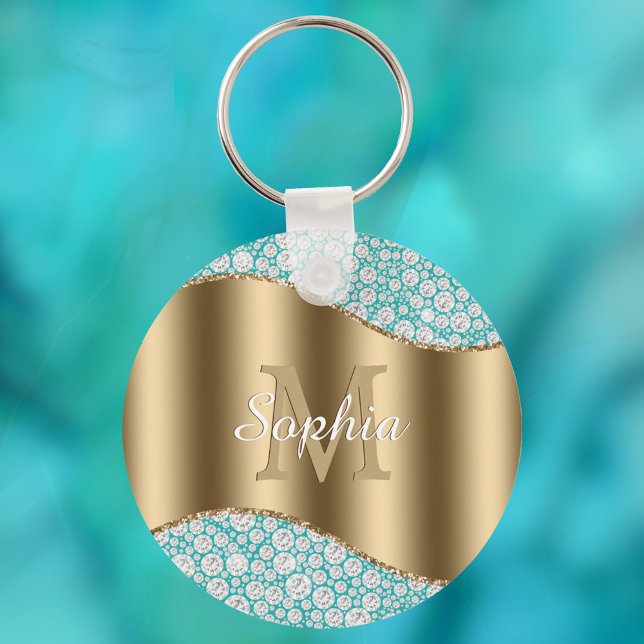 Glam Diamonds on Teal, Gold Monogram, Script Name Key Ring (Creator Uploaded)