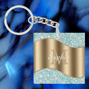 Glam Diamonds on Teal, Gold Monogram, Script Name Key Ring