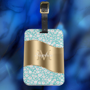 Glam Diamonds on Teal, Gold Monogram, Script Name Luggage Tag