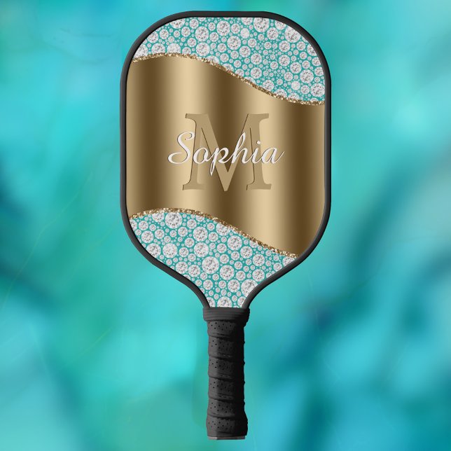 Glam Diamonds on Teal, Gold Monogram, Script Name Pickleball Paddle (Creator Uploaded)