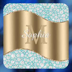 Glam Diamonds on Teal, Gold Monogram, Script Name Square Paper Coaster