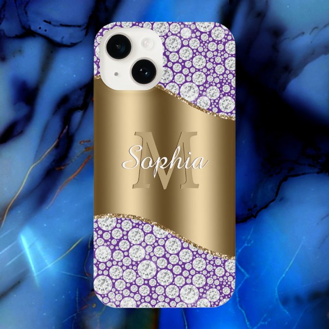 Glam Diamonds Purple, Gold Monogram, Script Name iPhone Case (Creator Uploaded)