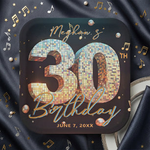 Glam Disco Ball Music Notes 30th Birthday Party Paper Plate