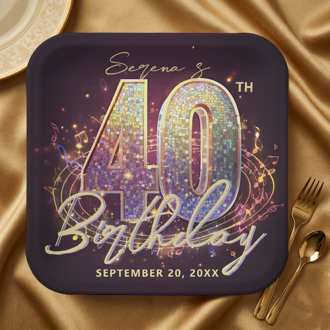 Glam Disco Ball Music Notes 40th Birthday Party Paper Plate (Creator Uploaded)