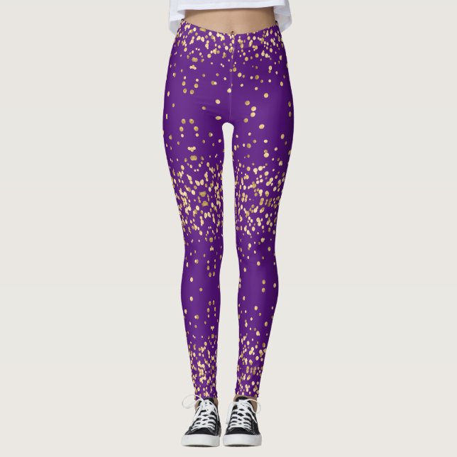 Glam Diva Festive Gold Glittery Purple Party Leggings (Front)
