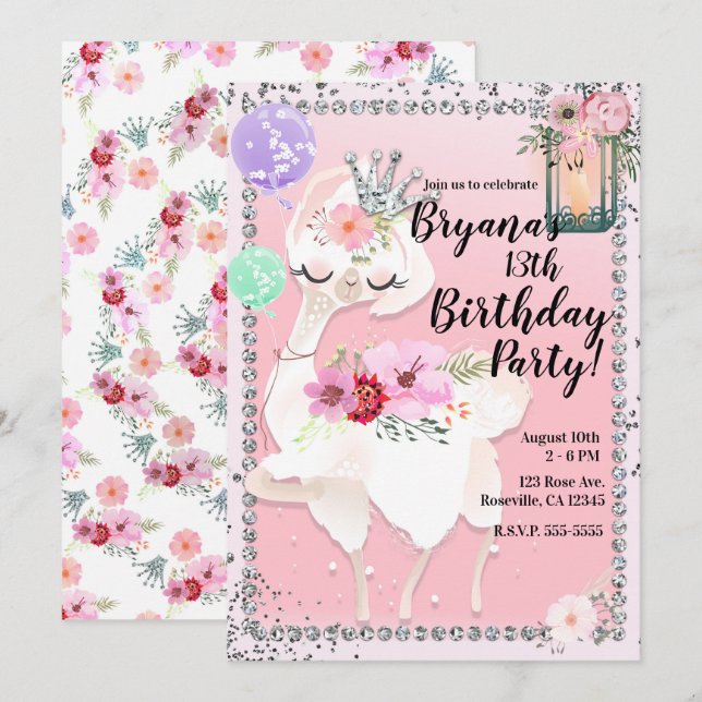 Glam Diva Llama Princess Birthday Party Invitation (Front/Back)