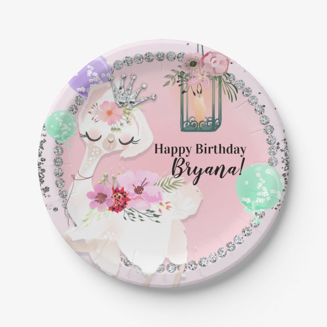 Glam Diva Llama Princess Birthday Party Paper Plate (Front)