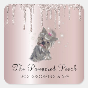 Glam Dog Grooming Service Pink Glitter Drips Square Sticker