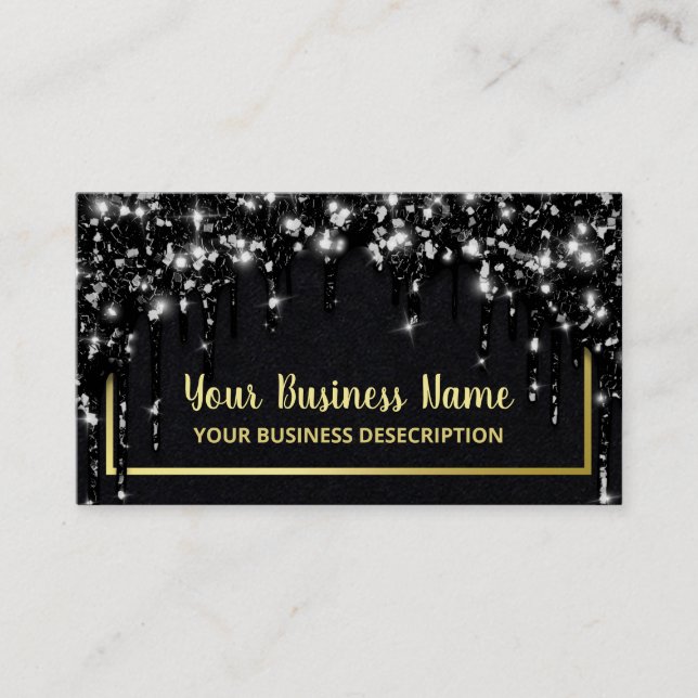 Glam Dripping Black Glitter Gold Social Media Business Card (Front)
