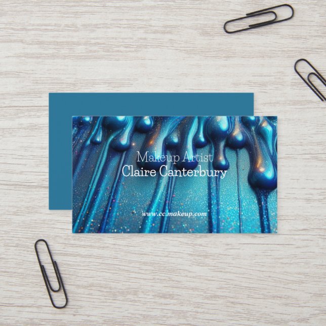 Glam Dripping Blue Glitter Makeup Business Card (Front/Back In Situ)