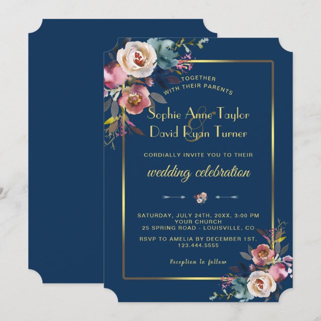 Glam Dusty Blue Floral Golden Frame Wedding Invitation (Front/Back)