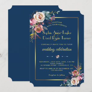 Glam Dusty Blue Floral Golden Frame Wedding Invitation