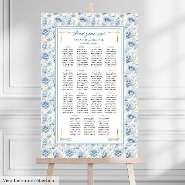 Glam Dusty Blue Gold Watercolor Wedding Seating  Poster (Glam Dusty Blue Gold Watercolor Wedding Seating Chart)