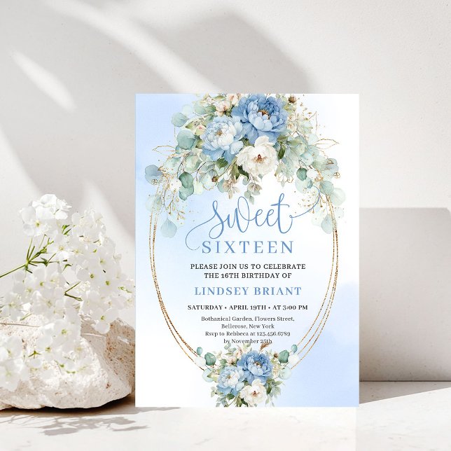 Glam Dusty Blue Peony Gold Sweet Sixteen Invite (Glam Dusty Blue Peony Gold Sweet Sixteen Invite)