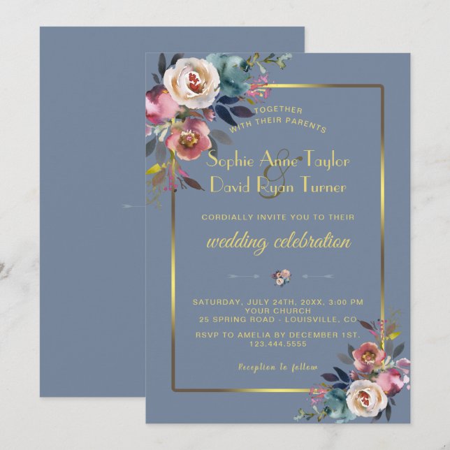 Glam Dusty Blue Pink Floral Gold Frame Wedding Invitation (Front/Back)
