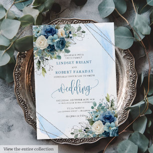 Glam Dusty Blue Silver Frame Wedding Invitation
