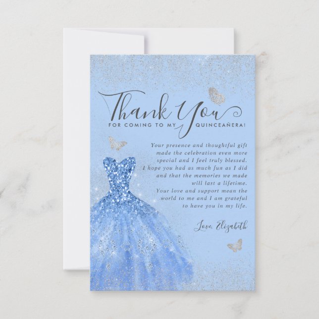 Glam Dusty Blue Silver Glitter Dress Quinceanera Thank You Card (Front)