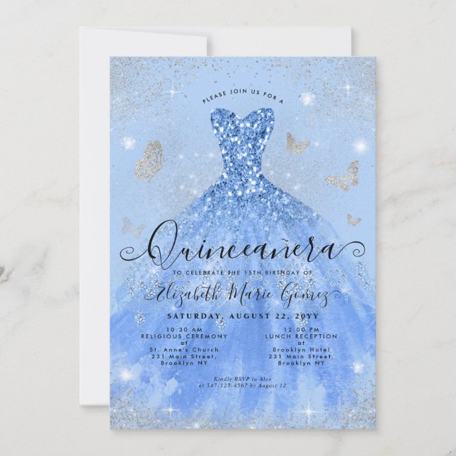 Glam Dusty Blue Silver Glitter Gown Quinceanera Invitation (Front)