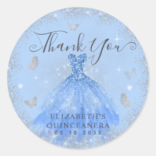 Glam Dusty Blue Silver Gown Quinceañera Thank You Classic Round Sticker