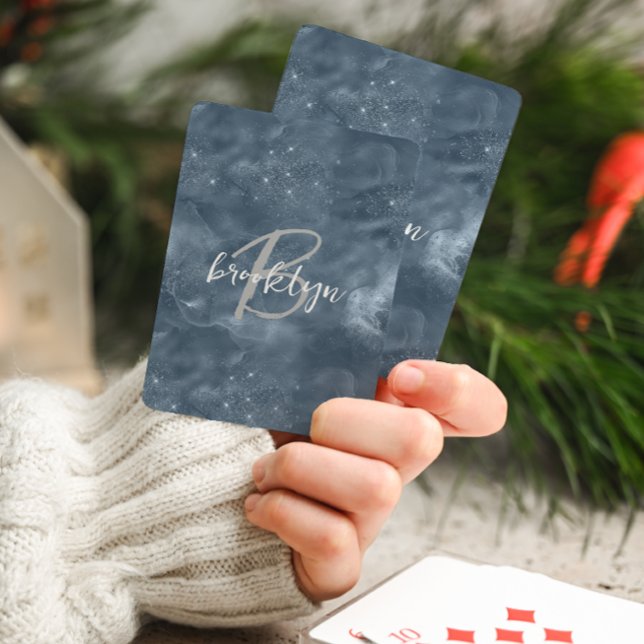 Glam Dusty Blue Stardust Swirl Script Monogram Playing Cards (Creator Uploaded)
