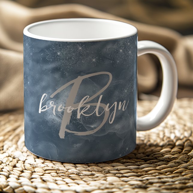 Glam Dusty Blue Stardust Swirls Script Monogram Coffee Mug (Creator Uploaded)