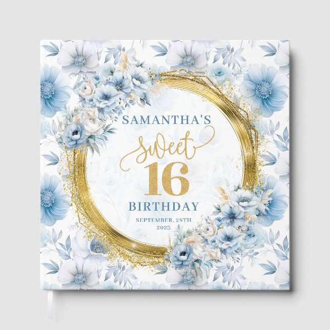 Glam Dusty Blue Sweet 16 Guest Book with Glitter (Front)