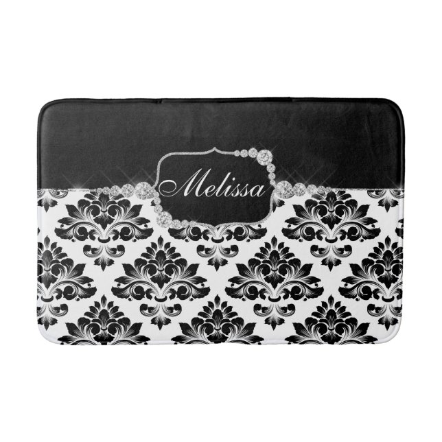 Glam Elegant Black White Damask Diamonds Bath Mat (Front)