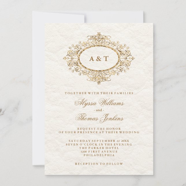 Glam Elegant Faux Copper on Creamy White Wedding Invitation (Front)