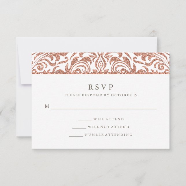Glam Elegant Faux Rose Gold Glitter Damask RSVP Card (Front)