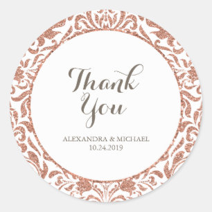 Glam Elegant Faux Rose Gold Glitter Damask Wedding Classic Round Sticker