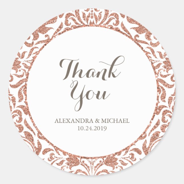 Glam Elegant Faux Rose Gold Glitter Damask Wedding Classic Round Sticker (Front)