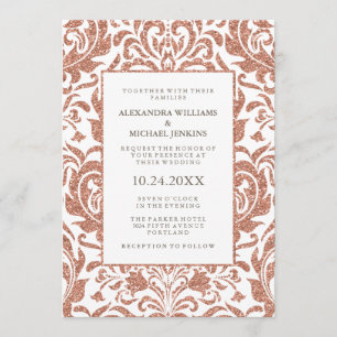Glam Elegant Faux Rose Gold Glitter Damask Wedding Invitation