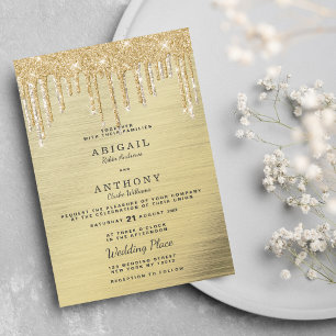 Glam elegant gold glitter drips white wedding invitation
