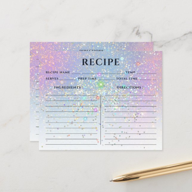 Glam Elegant Holographic Gold Glitter Recipe Cards (Front/Back In Situ)