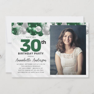Glam Emerald Green Balloon Glitter Photo Birthday Invitation