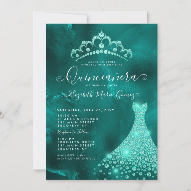 Glam Emerald Green Diamond Tiara Dress Quinceanera Invitation (Front)