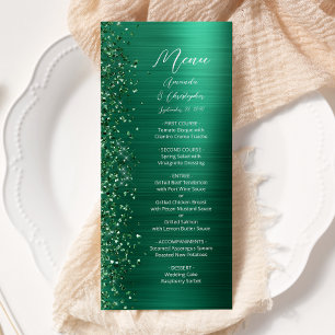 Glam Emerald Green Glitter Brushed Metal Wedding Menu