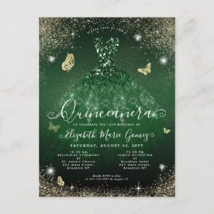 Glam Emerald Green Gold Glitter Gown Quinceanera Postcard