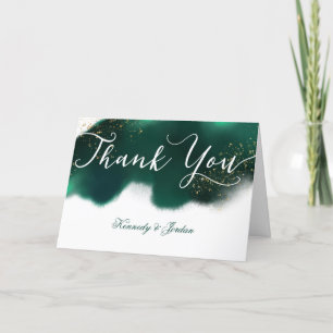 Glam Emerald Green Gold Glitter Wedding Photo Thank You Card