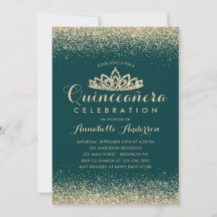 Glam Emerald Green Quinceañera Gold Tiara Glitter Invitation