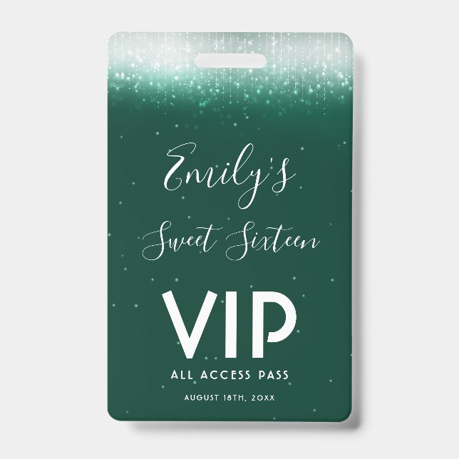 Glam Emerald Sweet 16 Invitation VIP Pass Badge ID Badge (Front)